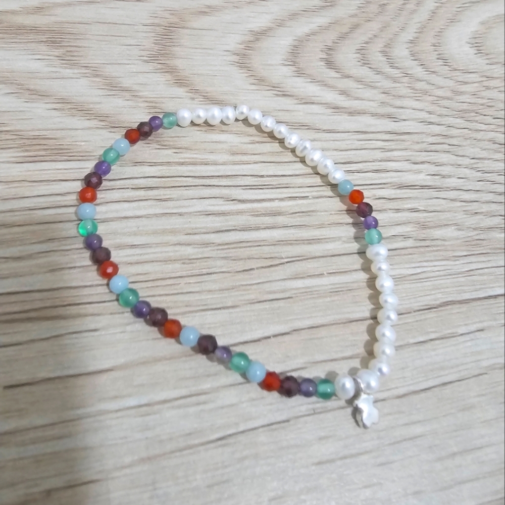 Authentic Tous Bracelet Silver Bold Bear Motif, cultured Pearls and Gemstones